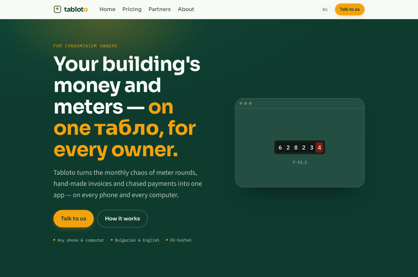 The Tabloto website: “Your building's money and meters — on one табло, for every owner.”