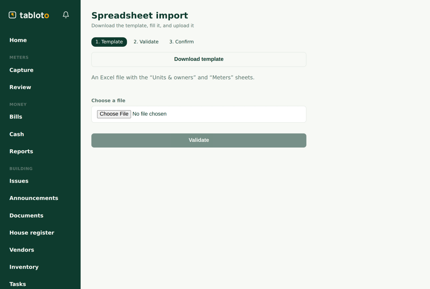 Desktop screen Spreadsheet import with three steps, Template, Validate and Confirm, a button to download the Excel template with Units and owners and Meters sheets, and a file upload.